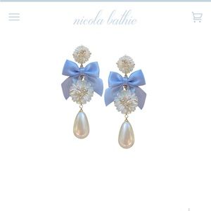 Nicola Bathie Embellished Mother of Pearl + Cornflower Blue Bow Earrings
